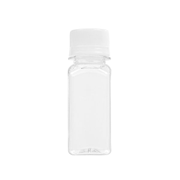 Restaurantware Bottle Tek 2 Oz Clear Plastic Energy Shot Bottle - With Safety Cap Straight Sided - 1 1/4" X 1 1/4" X 3 3/4" - 100 Count Box
