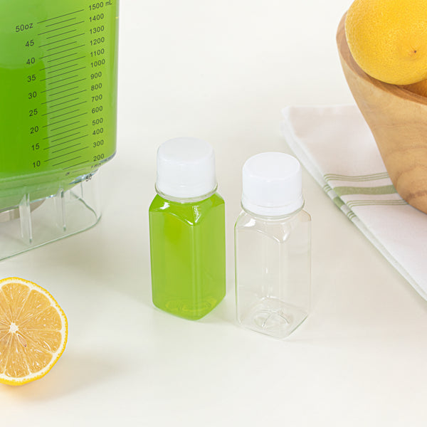 Restaurantware Bottle Tek 2 Oz Clear Plastic Energy Shot Bottle - With Safety Cap Straight Sided - 1 1/4" X 1 1/4" X 3 3/4" - 100 Count Box