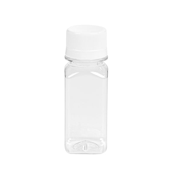 Restaurantware Bottle Tek 2 Oz Clear Plastic Energy Shot Bottle - With Safety Cap Straight Sided - 1 1/4" X 1 1/4" X 3 3/4" - 100 Count Box