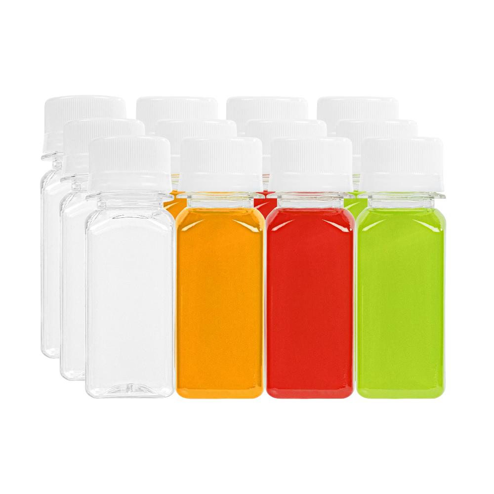 restaurantware Bottle Tek 2 oz Clear Plastic Energy Shot Bottle - with Safety Cap Straight Sided - 1 1/4" x 1 1/4" x 3 3/4" - 100 count box