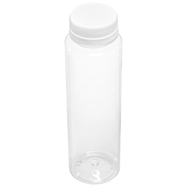 Restaurantware Bottle Tek 8 Oz Round Clear Plastic Cold Pressed Juice Bottle - With Safety Cap - 2" X 2" X 6 3/4" - 100 Count Box