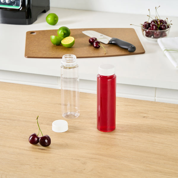 Restaurantware Bottle Tek 8 Oz Round Clear Plastic Cold Pressed Juice Bottle - With Safety Cap - 2" X 2" X 6 3/4" - 100 Count Box