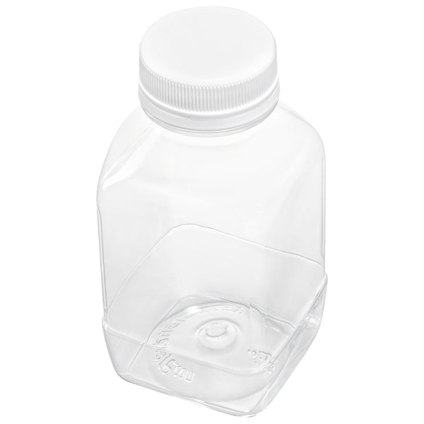 Restaurantware Bottle Tek 8 Oz Square Clear Plastic Cold Pressed Juice Bottle - With Safety Cap - 2 1/4" X 2 1/4" X 4 3/4" - 100 Count Box