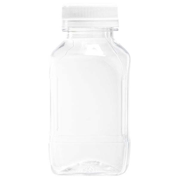 Restaurantware Bottle Tek 8 Oz Square Clear Plastic Cold Pressed Juice Bottle - With Safety Cap - 2 1/4" X 2 1/4" X 4 3/4" - 100 Count Box