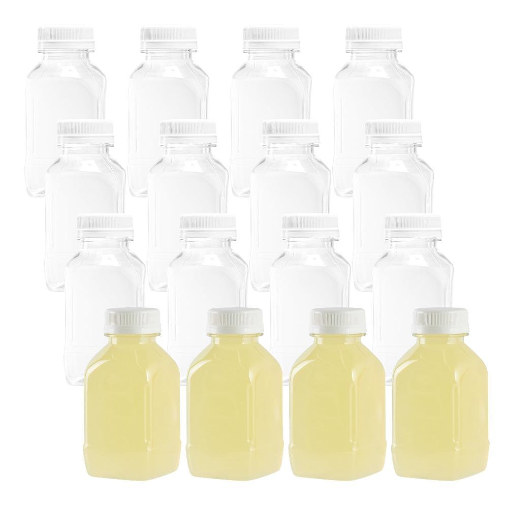restaurantware Bottle Tek 8 oz Square Clear Plastic Cold Pressed Juice Bottle - with Safety Cap - 2 1/4" x 2 1/4" x 4 3/4" - 100 count box