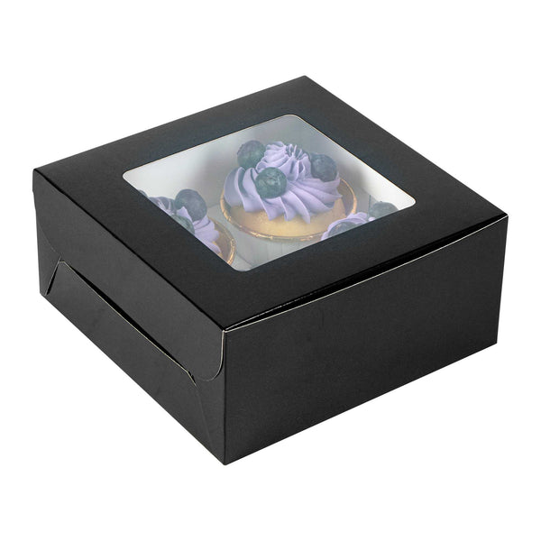 Restaurantware Cafe Vision Square Black Cupcake Window Box - Fits 4 - 6 1/4" X 6 1/4" X 3" - 100 Count Box
