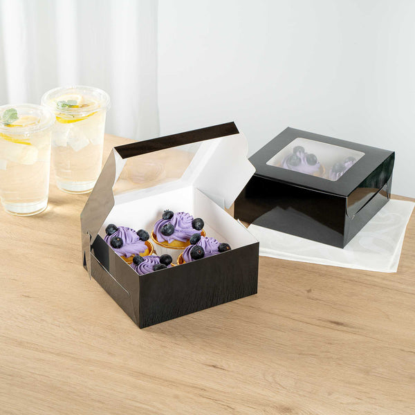 Restaurantware Cafe Vision Square Black Cupcake Window Box - Fits 4 - 6 1/4" X 6 1/4" X 3" - 100 Count Box