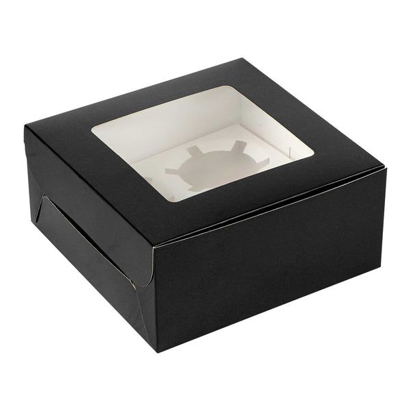 Restaurantware Cafe Vision Square Black Cupcake Window Box - Fits 4 - 6 1/4" X 6 1/4" X 3" - 100 Count Box