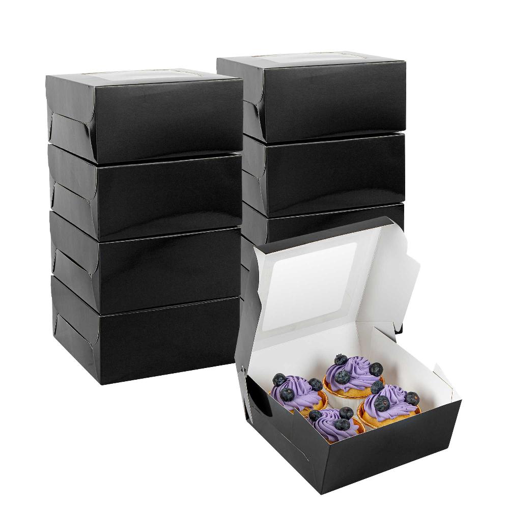 restaurantware Cafe Vision Square Black Cupcake Window Box - Fits 4 - 6 1/4" x 6 1/4" x 3" - 100 count box