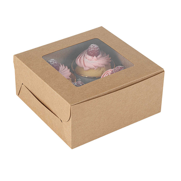 Restaurantware Cafe Vision Square Kraft Cupcake Window Box - Fits 4 - 6 1/4" X 6 1/4" X 3" - 100 Count Box
