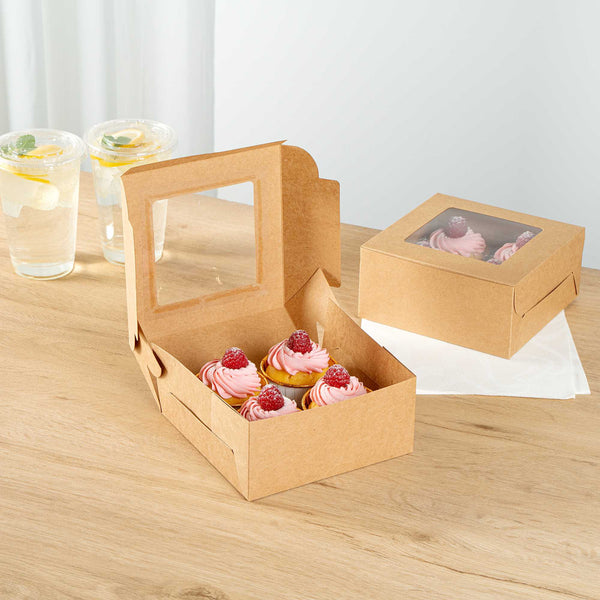 Restaurantware Cafe Vision Square Kraft Cupcake Window Box - Fits 4 - 6 1/4" X 6 1/4" X 3" - 100 Count Box