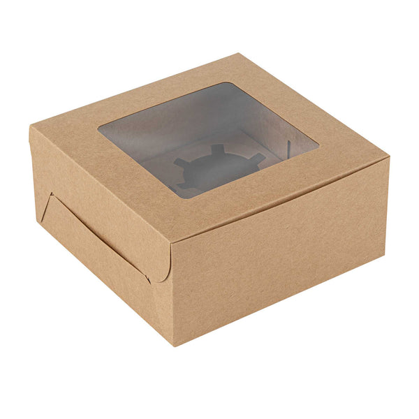 Restaurantware Cafe Vision Square Kraft Cupcake Window Box - Fits 4 - 6 1/4" X 6 1/4" X 3" - 100 Count Box