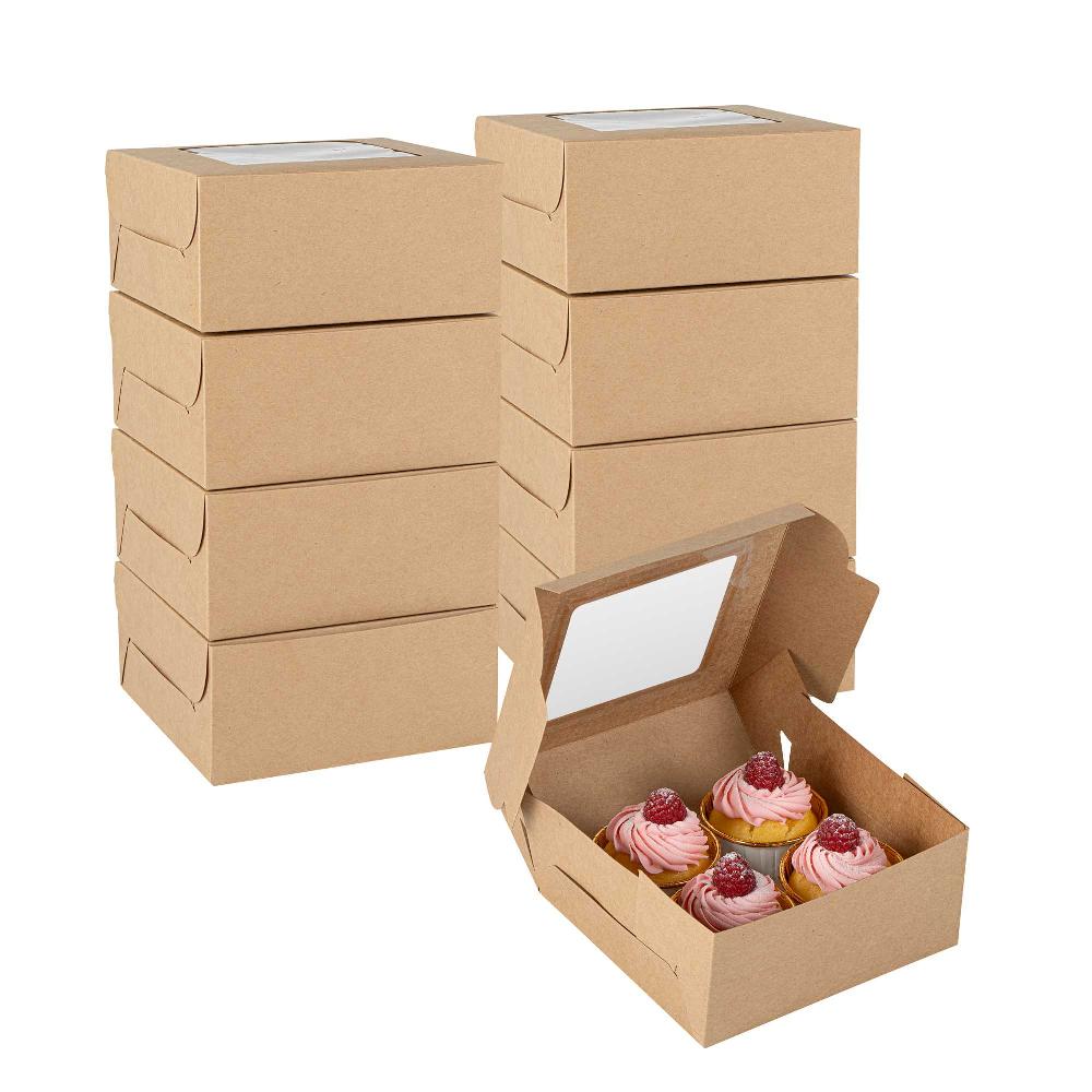restaurantware Cafe Vision Square Kraft Cupcake Window Box - Fits 4 - 6 1/4" x 6 1/4" x 3" - 100 count box