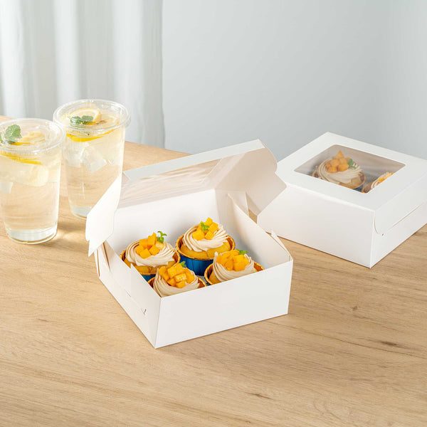 Restaurantware Cafe Vision Square White Cupcake Window Box - Fits 4 - 6 1/4" X 6 1/4" X 3" - 100 Count Box