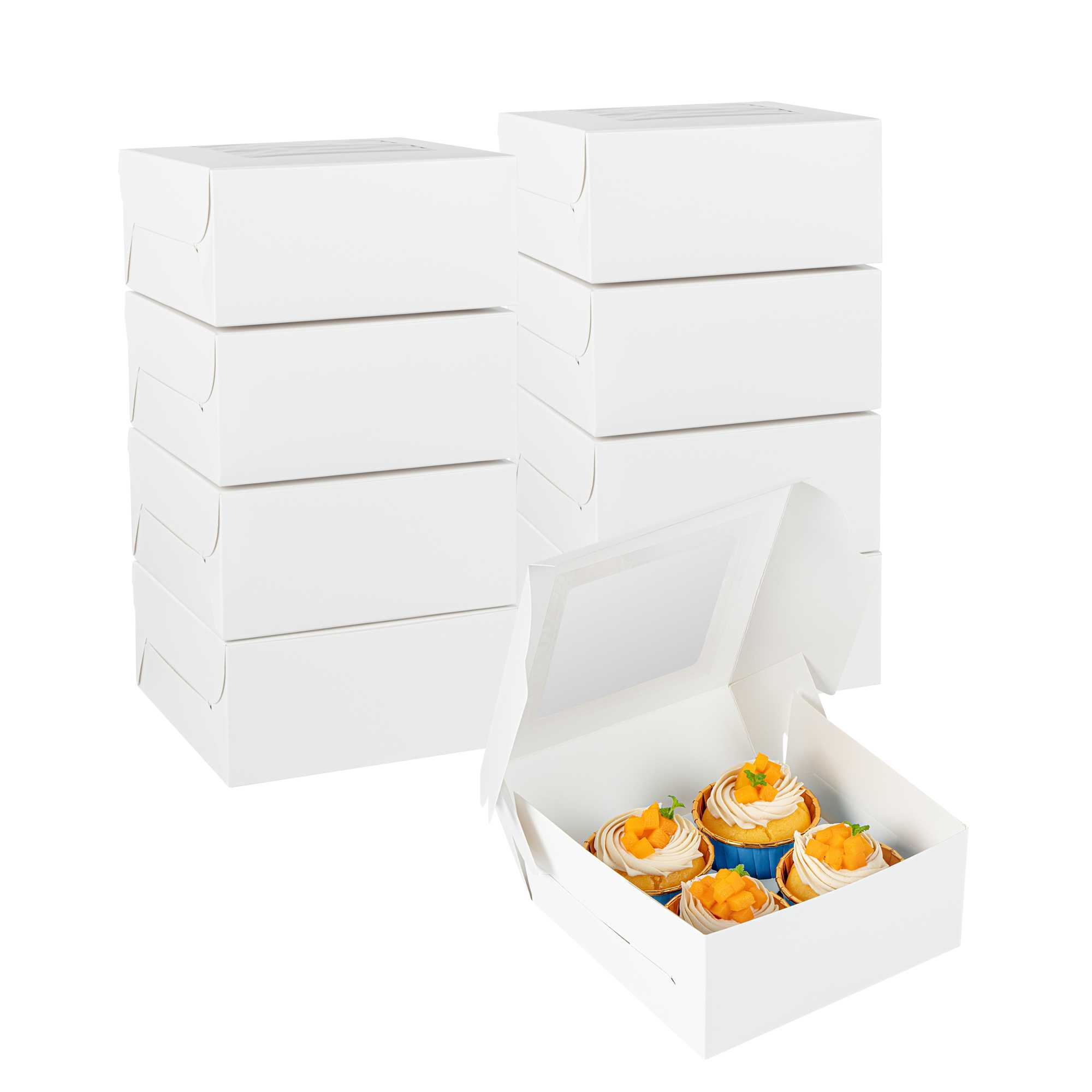restaurantware Cafe Vision Square White Cupcake Window Box - Fits 4 - 6 1/4" x 6 1/4" x 3" - 100 count box
