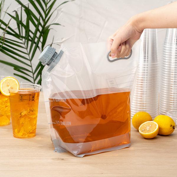 Restaurantware Cater Tek 1 Gal Clear Plastic Take Out Drink Bag - With Safety Cap - 12 3/4" X 5 3/4" X 11 3/4" - 10 Count Box