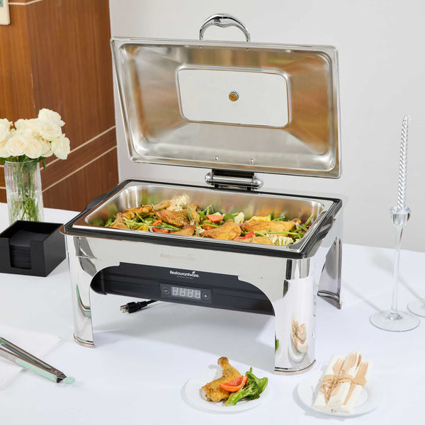 Restaurantware Cater Tek 14 Qt Full Size Electric Chafer - Hinged Lid Food Pan Stand Digital Temperature Control 120V 760W - 1 Count Box