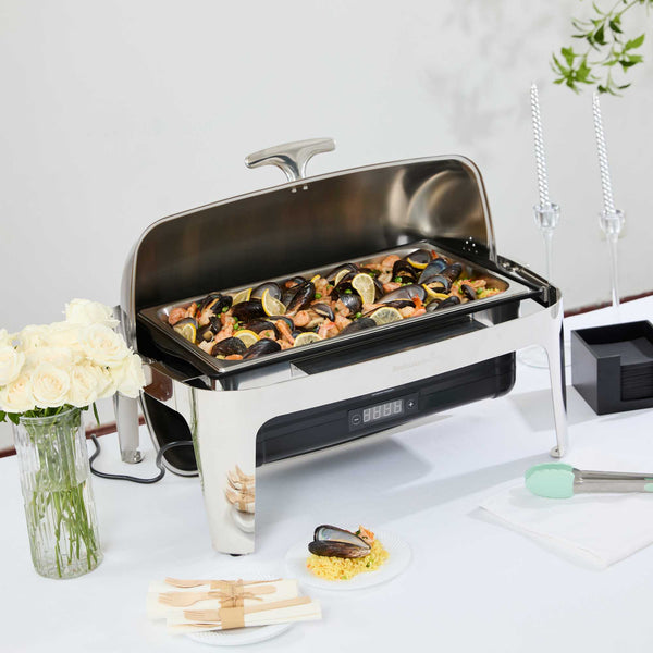 Restaurantware Cater Tek 14 Qt Full Size Electric Chafer - Roll Top Cover Food Pan Stand Digital Temperature Control 120V 760W - 1 Count Box
