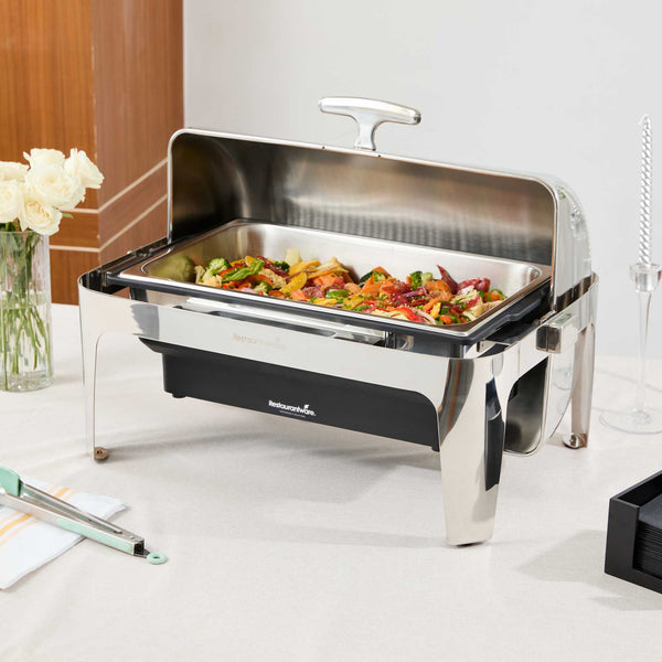Restaurantware Cater Tek 14 Qt Full Size Electric Chafer - Stainless Steel Roll Top Cover Food Pan Stand 120V 760W - 1 Count Box