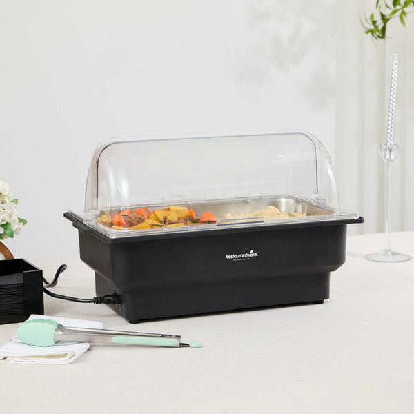 Restaurantware Cater Tek 14 Qt Full Size Electric Water Pan / Warmer - Polycarbonate Roll Top Cover Food Pan 120V 760W - 1 Count Box