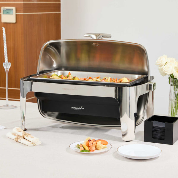 Restaurantware Cater Tek 9 Qt Full Size Electric Chafer - Stainless Steel Roll Top Cover Food Pan Stand 120V 760W - 1 Count Box