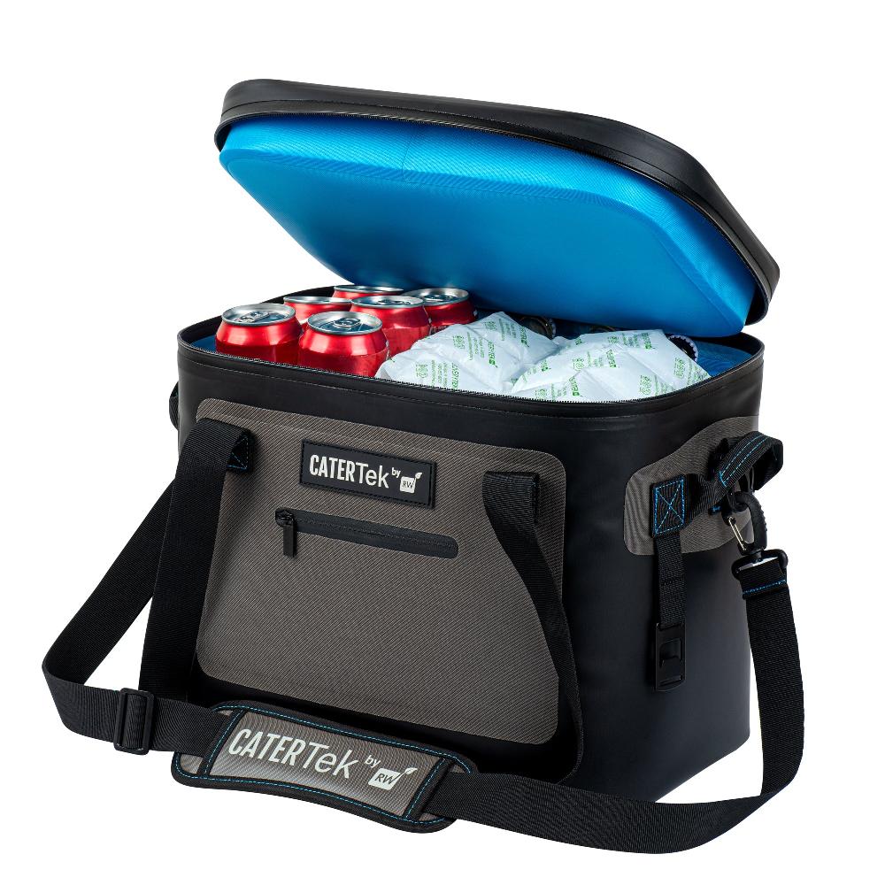 restaurantware Cater Tek Black and Gray Insulated Soft Cooler - Holds 30 Cans with Bottle Opener - 18 1/2" x 10 3/4" x 12 3/4" - 1 count box