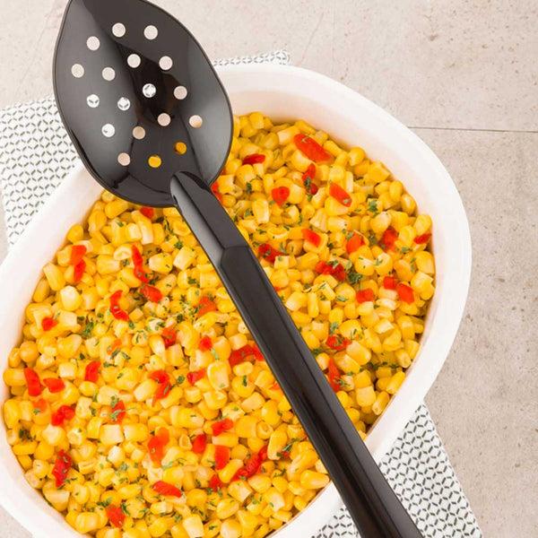 Restaurantware Cater Tek Black Plastic Catering Spoon - Perforated - 13" - 1 Count Box