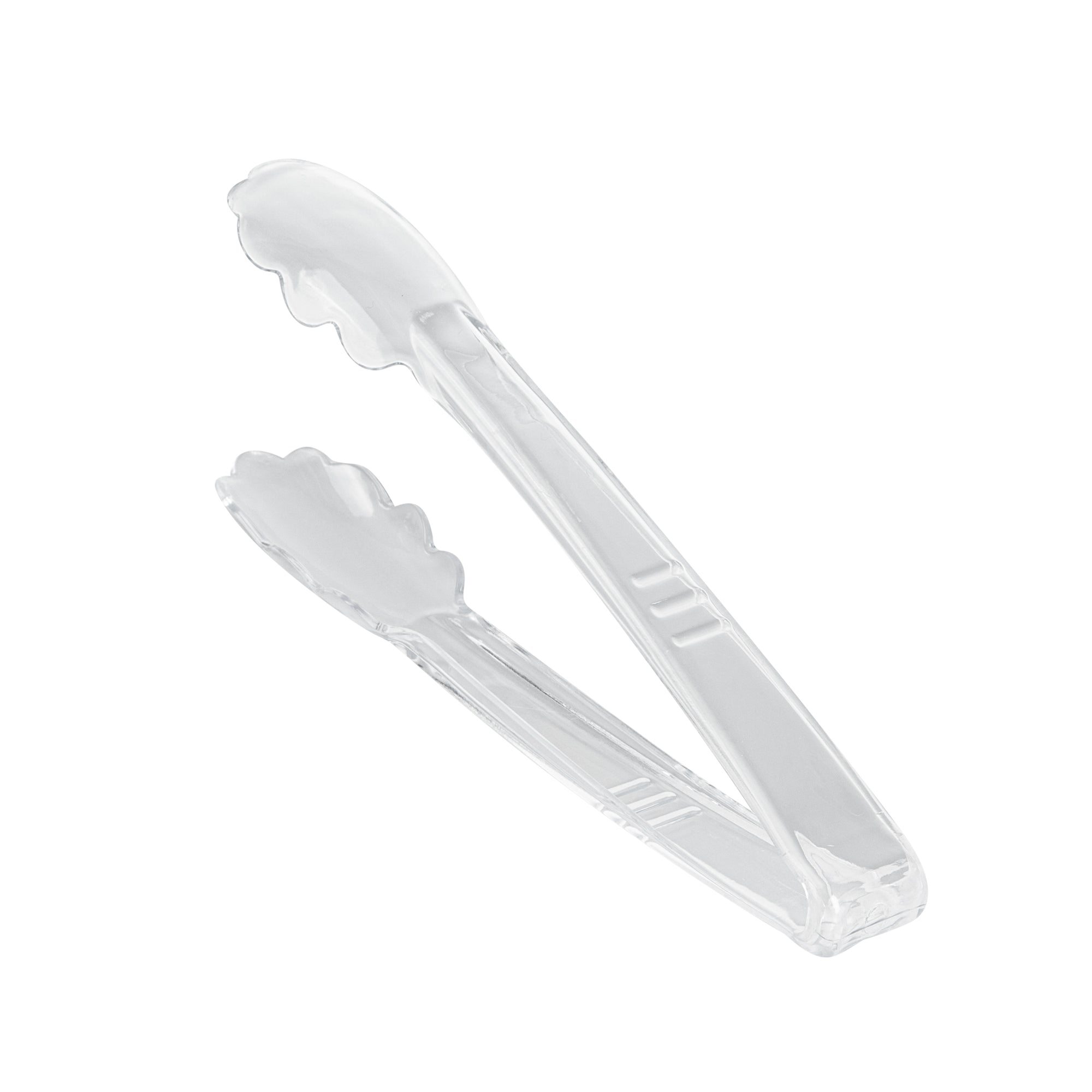 restaurantware Cater Tek Clear Heavy-Duty Disposable Plastic Tongs - Scalloped - 9" - 100 count box
