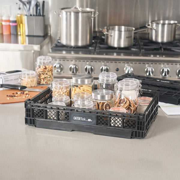 Restaurantware Cater Tek Rectangle Black Plastic Collapsible Crate - Vented Stackable - 23 3/4" X 15 3/4" X 4 3/4" - 10 Count Box