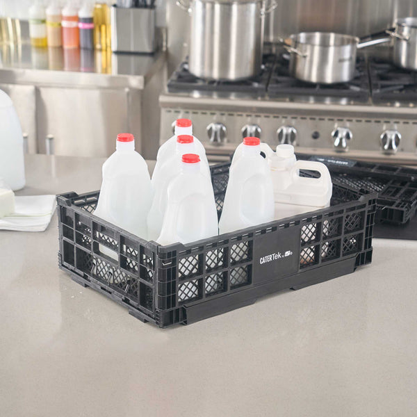 Restaurantware Cater Tek Rectangle Black Plastic Collapsible Crate - Vented Stackable - 23 3/4" X 15 3/4" X 6 3/4" - 10 Count Box