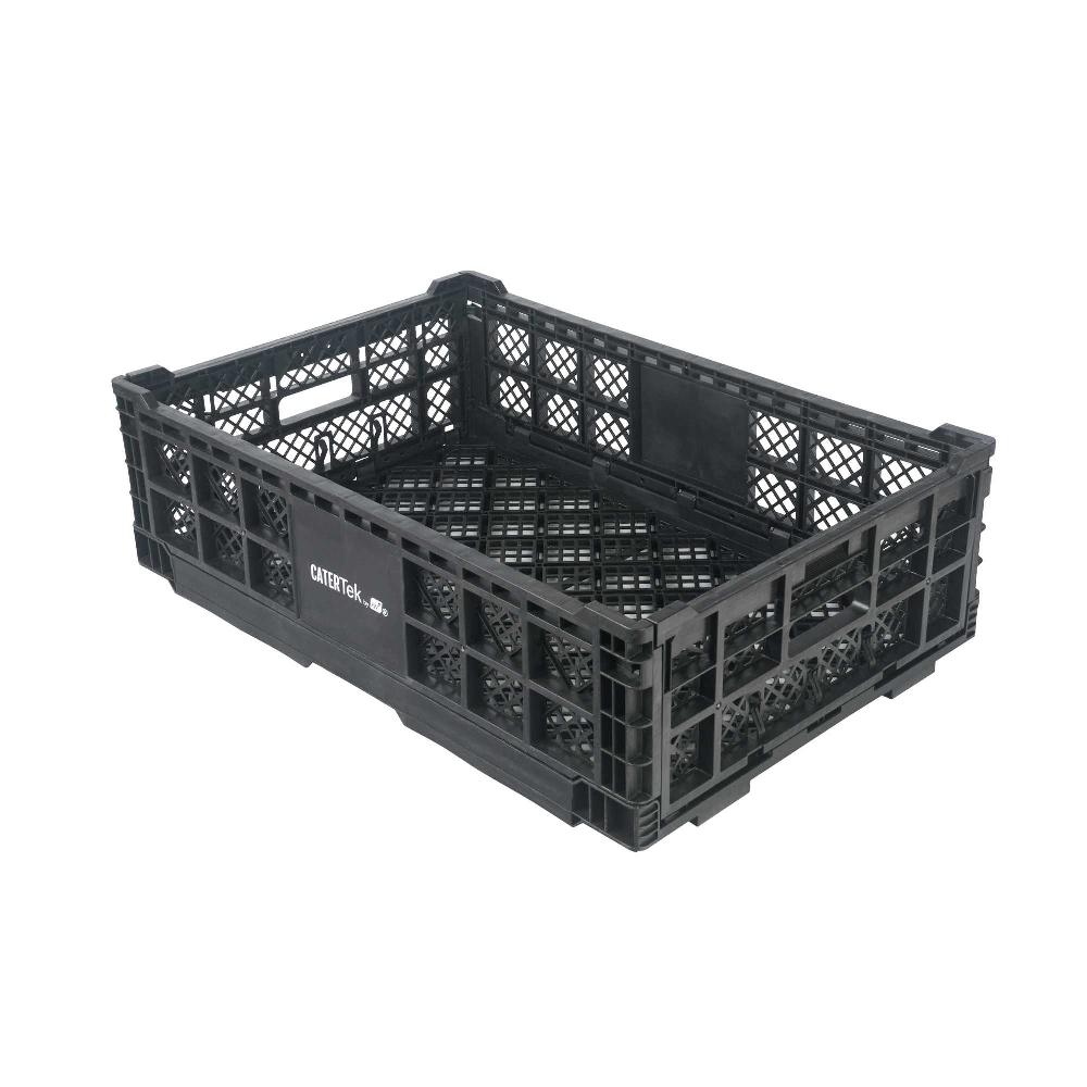 restaurantware Cater Tek Rectangle Black Plastic Collapsible Crate - Vented Stackable - 23 3/4" x 15 3/4" x 6 3/4" - 10 count box
