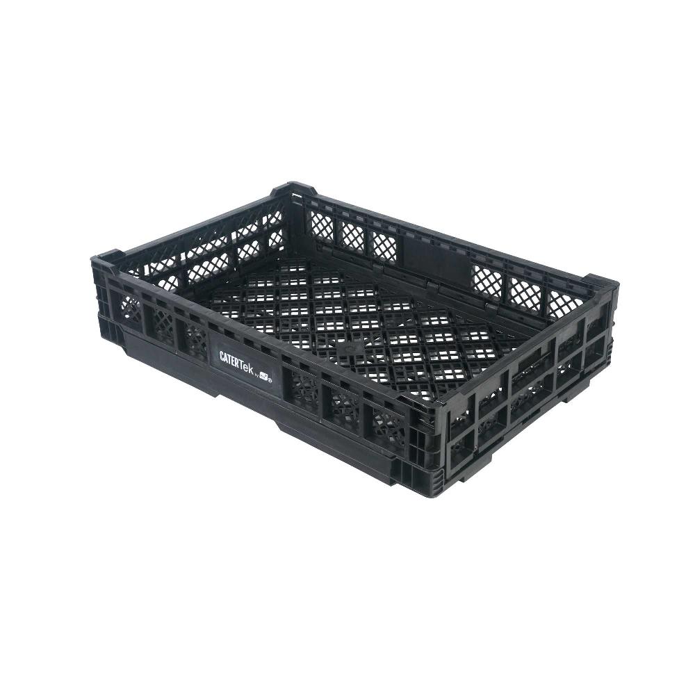 restaurantware Cater Tek Rectangle Black Plastic Collapsible Crate - Vented Stackable - 23 3/4" x 15 3/4" x 4 3/4" - 10 count box