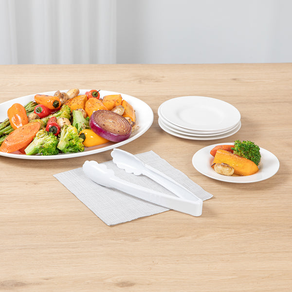 Restaurantware Cater Tek White Heavy-Duty Disposable Plastic Tongs - Scalloped - 9" - 100 Count Box