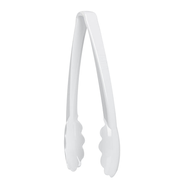 Restaurantware Cater Tek White Heavy-Duty Disposable Plastic Tongs - Scalloped - 9" - 100 Count Box
