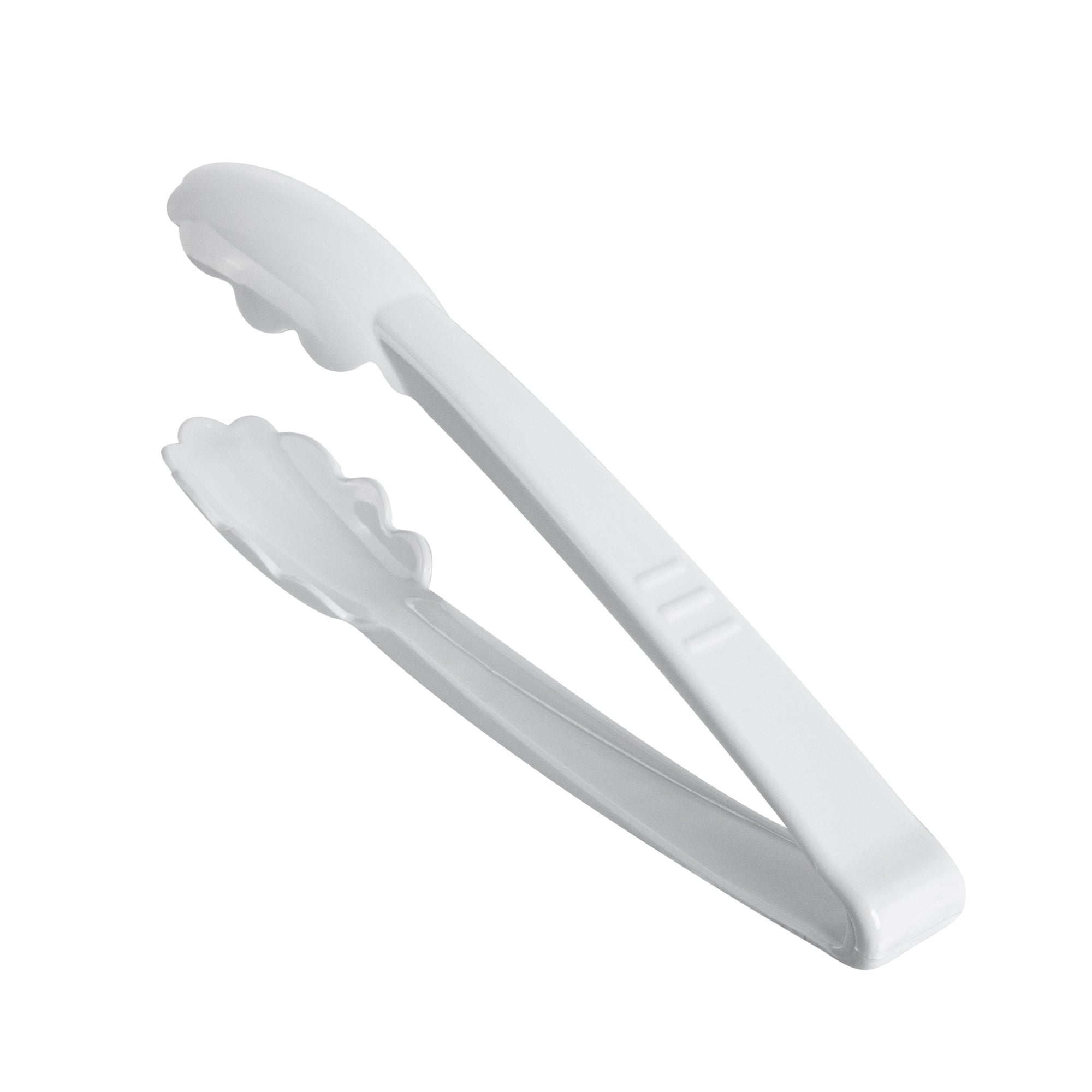 restaurantware Cater Tek White Heavy-Duty Disposable Plastic Tongs - Scalloped - 9" - 100 count box