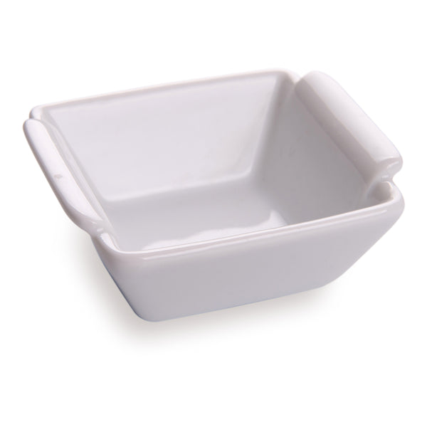 Restaurantware Chef 101 1 Oz Square White Porcelain Mini Lipped Handle Bowl - 2 1/2" X 2 1/2" X 1" - 10 Count Box