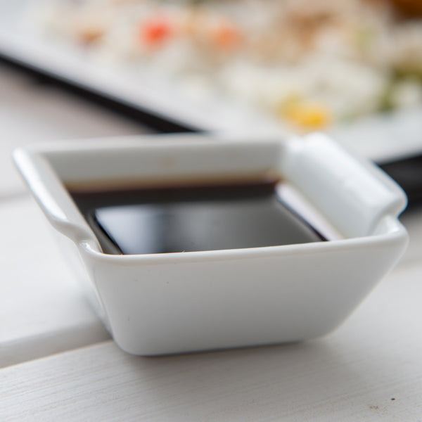 Restaurantware Chef 101 1 Oz Square White Porcelain Mini Lipped Handle Bowl - 2 1/2" X 2 1/2" X 1" - 10 Count Box