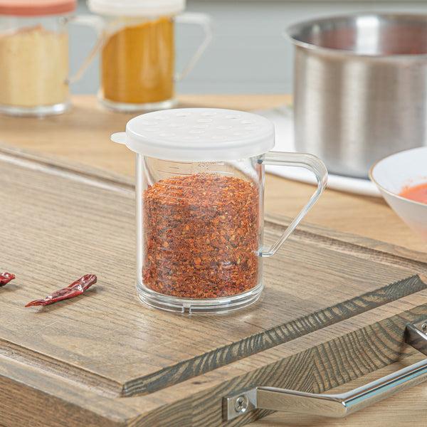 Restaurantware Chef 101 10 Oz Clear Polycarbonate Dredge Spice Shaker - With White Extra Coarse Lid - 4 3/4" X 3 1/4" X 4" - 1 Count Box