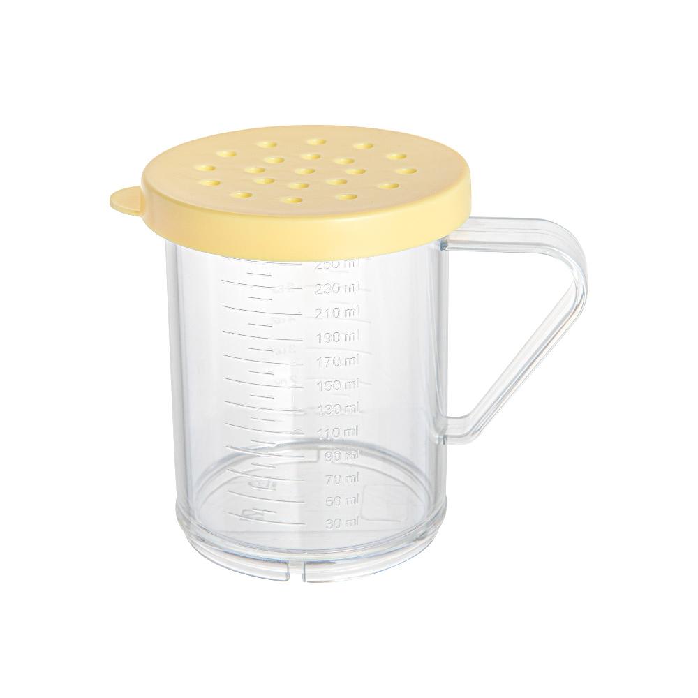 restaurantware Chef 101 10 oz Clear Polycarbonate Dredge Spice Shaker - with Yellow Coarse Lid - 4 3/4" x 3 1/4" x 4" - 1 count box