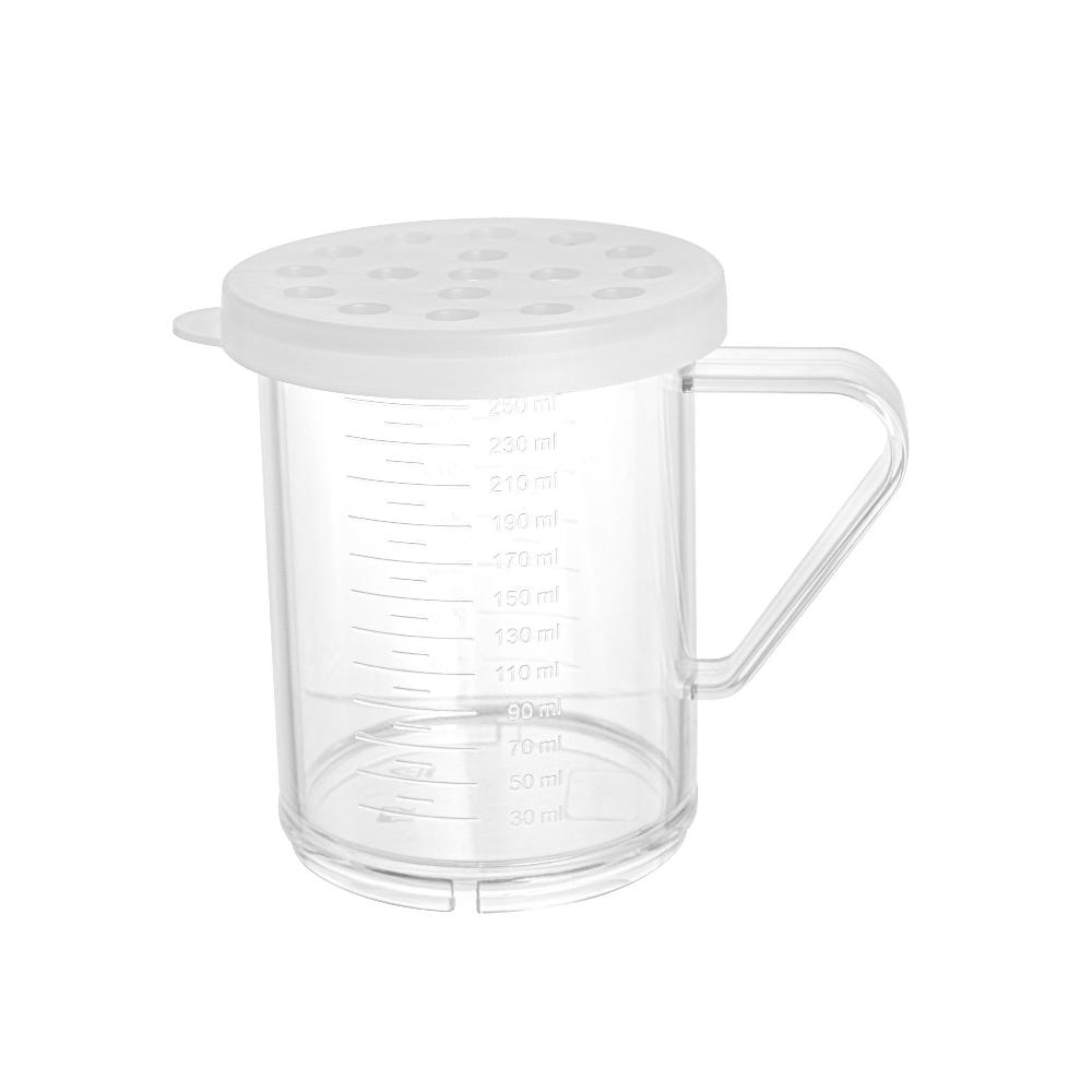 restaurantware Chef 101 10 oz Clear Polycarbonate Dredge Spice Shaker - with White Extra Coarse Lid - 4 3/4" x 3 1/4" x 4" - 1 count box
