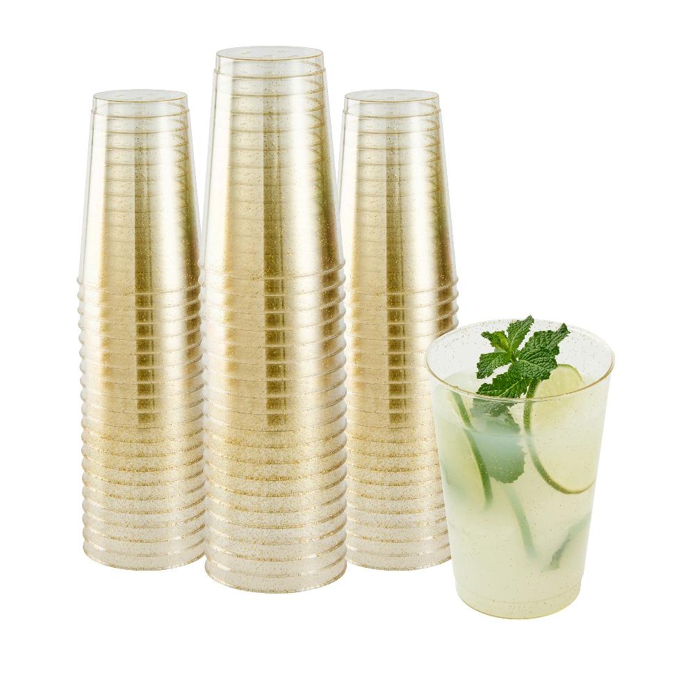 restaurantware Chef 101 12 oz Gold Glitter Plastic Tumbler - 3" x 3" x 4 1/4" - 500 count box