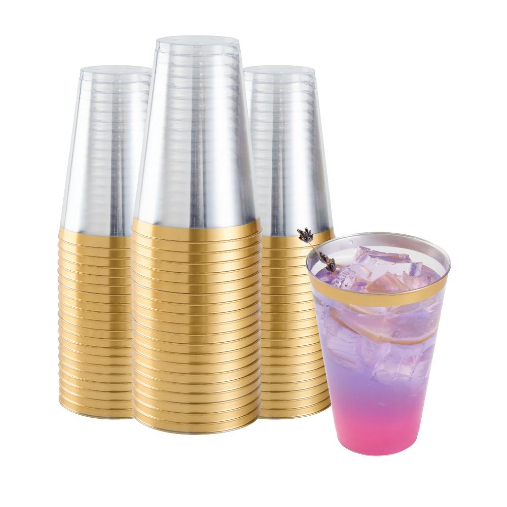 restaurantware Chef 101 14 oz Clear Plastic Tumbler - with Gold Rim - 3 1/4" x 3 1/4" x 4 3/4" - 500 count box
