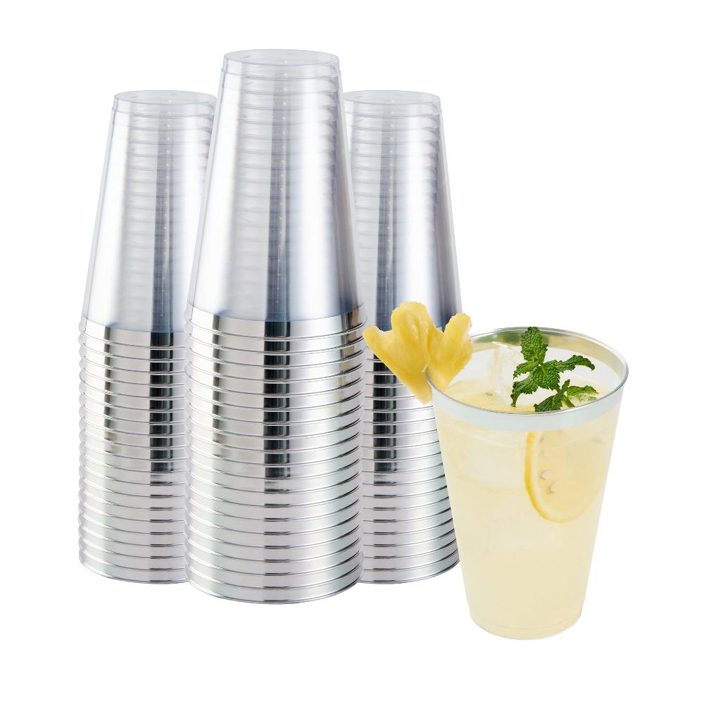restaurantware Chef 101 14 oz Clear Plastic Tumbler - with Silver Rim - 3 1/4" x 3 1/4" x 4 3/4" - 500 count box