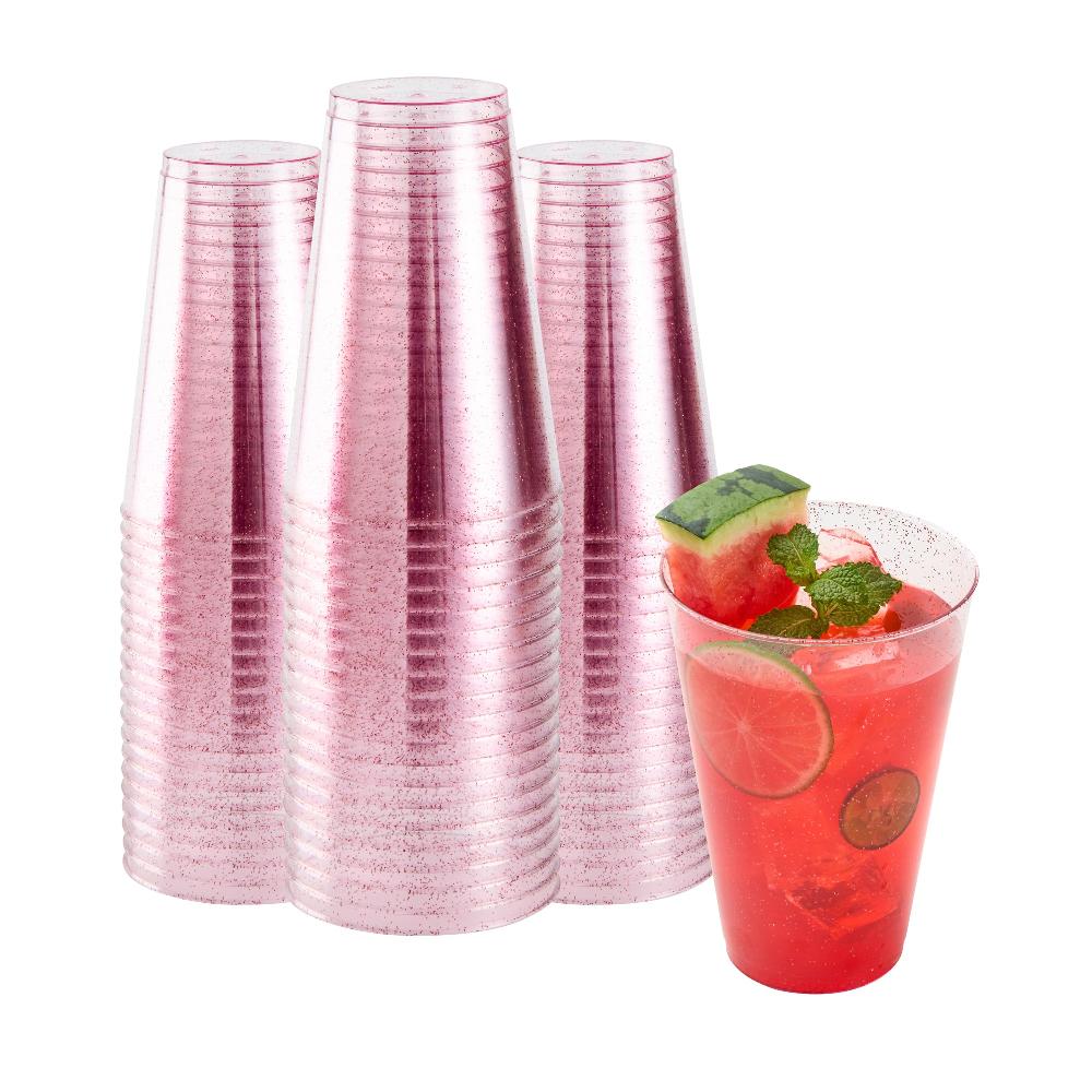 restaurantware Chef 101 14 oz Pink Glitter Plastic Tumbler - 3 1/4" x 3 1/4" x 4 3/4" - 500 count box
