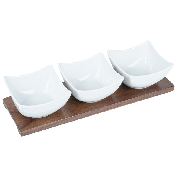 Restaurantware Chef 101 15 Oz Rectangle White Porcelain Cocktail Bowl Set - 3 Bowls Bamboo Tray - 12" X 4" X 2 1/2" - 1 Count Box