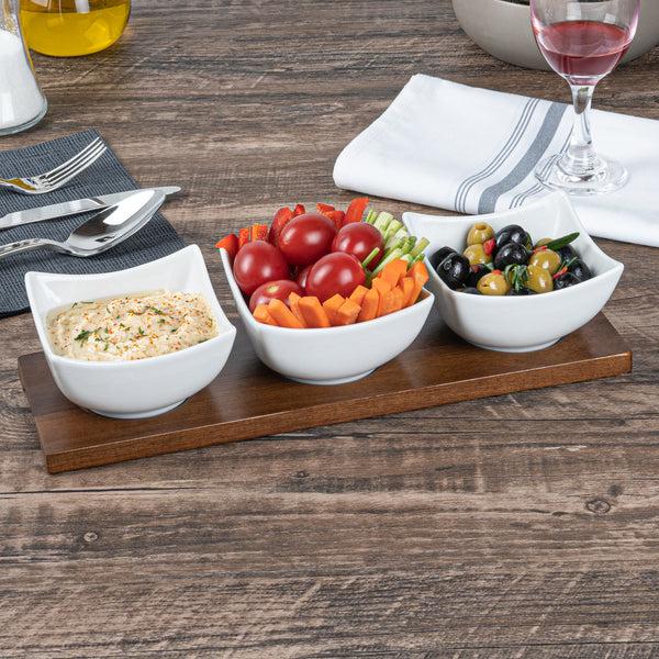Restaurantware Chef 101 15 Oz Rectangle White Porcelain Cocktail Bowl Set - 3 Bowls Bamboo Tray - 12" X 4" X 2 1/2" - 1 Count Box