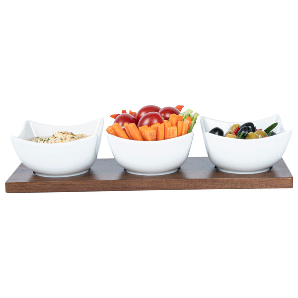 Restaurantware Chef 101 15 Oz Rectangle White Porcelain Cocktail Bowl Set - 3 Bowls Bamboo Tray - 12" X 4" X 2 1/2" - 1 Count Box