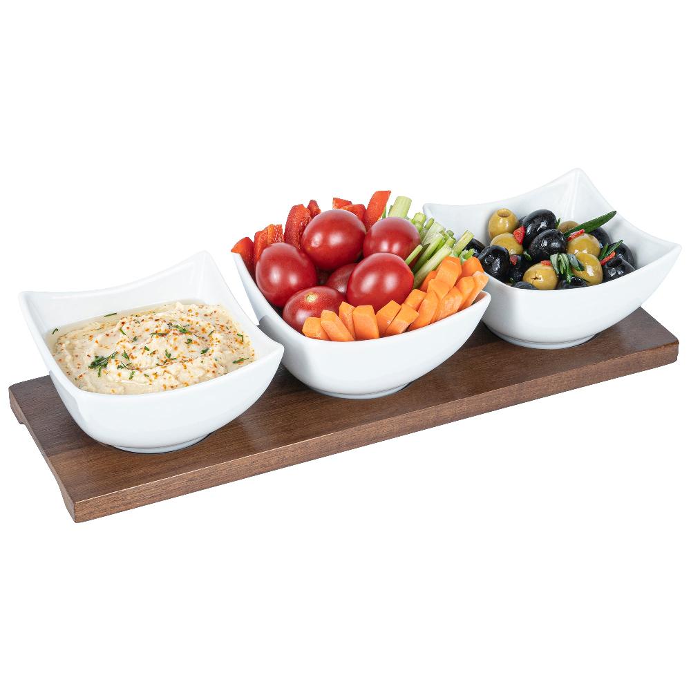 restaurantware Chef 101 15 oz Rectangle White Porcelain Cocktail Bowl Set - 3 Bowls Bamboo Tray - 12" x 4" x 2 1/2" - 1 count box