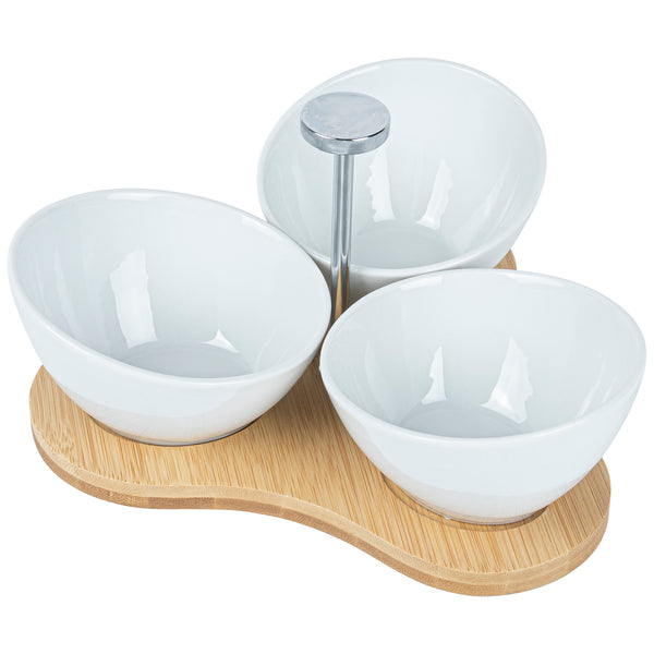 Restaurantware Chef 101 15 Oz Rectangle White Porcelain Incline Bowl Set - 3 Bowls Bamboo Tray - 8 3/4" X 8" X 5" - 1 Count Box