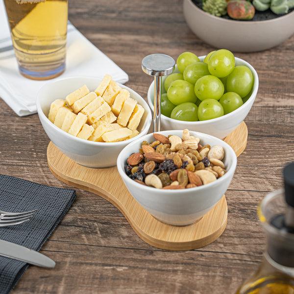 Restaurantware Chef 101 15 Oz Rectangle White Porcelain Incline Bowl Set - 3 Bowls Bamboo Tray - 8 3/4" X 8" X 5" - 1 Count Box